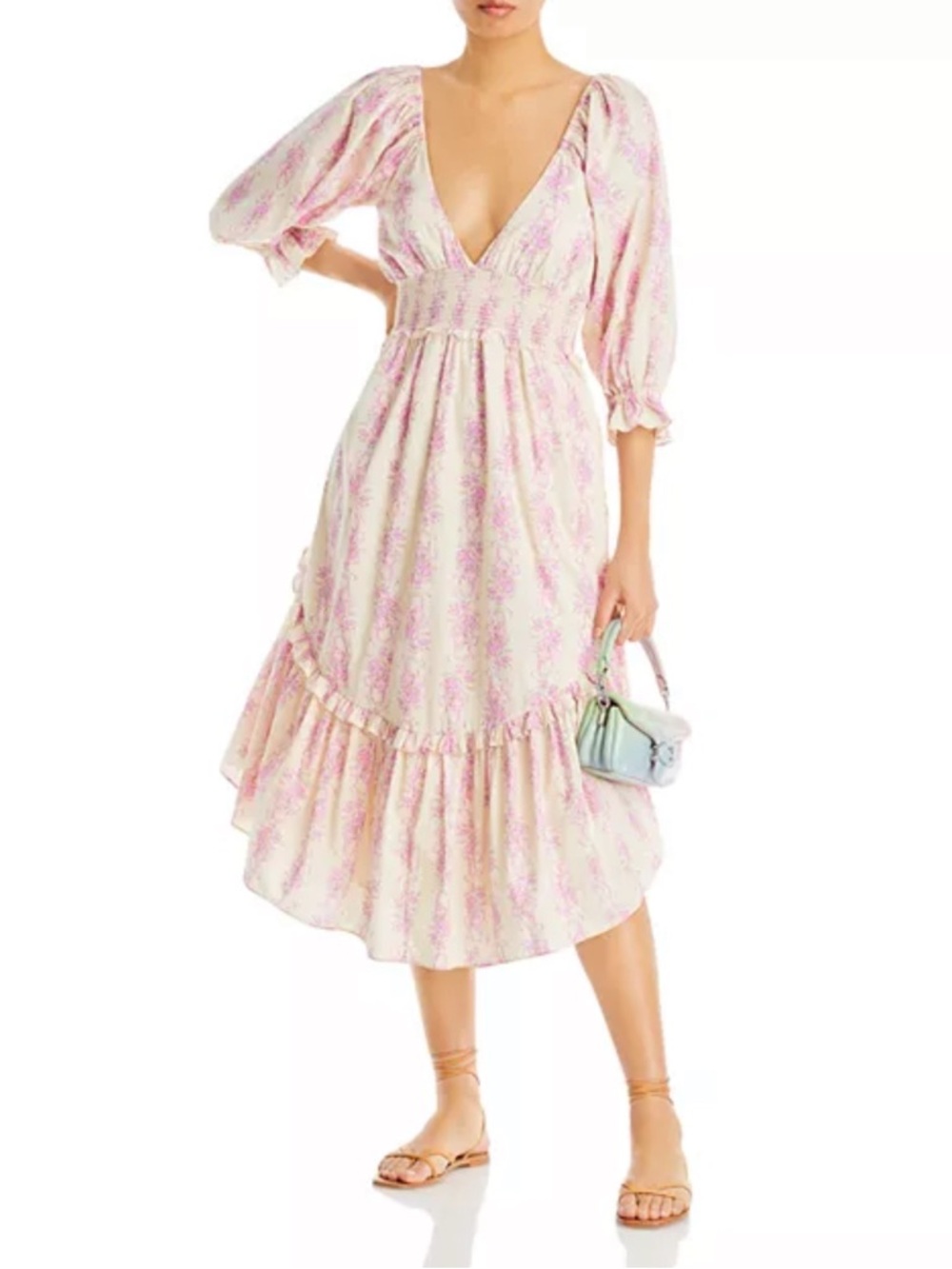 LoveShackFancy Pink and Cream Floral Smocked-Waist Midi Dress